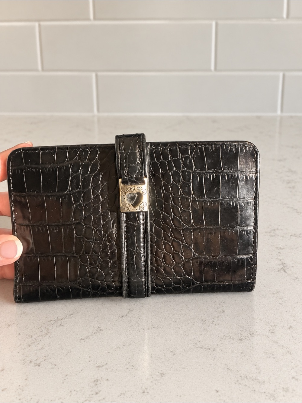 Brighton Black Croc Embossed Leather Organizer Wallet Heart Hardware
